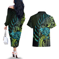 Southland Takehe Pounama Couples Matching Off The Shoulder Long Sleeve Dress and Hawaiian Shirt Aotearoa Poutama Paua Shell Fern LT14 - Polynesian Pride