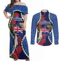 Southland Anniversary Day Couples Matching Off Shoulder Maxi Dress and Long Sleeve Button Shirt Murihiku 1861 Maori Bird Mix Pohutukawa LT14 Blue - Polynesian Pride
