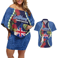 Southland Anniversary Day Couples Matching Off Shoulder Short Dress and Hawaiian Shirt Murihiku 1861 Maori Bird Mix Pohutukawa LT14 Blue - Polynesian Pride