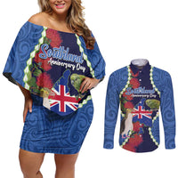 Southland Anniversary Day Couples Matching Off Shoulder Short Dress and Long Sleeve Button Shirt Murihiku 1861 Maori Bird Mix Pohutukawa LT14 Blue - Polynesian Pride