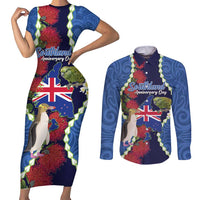 Southland Anniversary Day Couples Matching Short Sleeve Bodycon Dress and Long Sleeve Button Shirt Murihiku 1861 Maori Bird Mix Pohutukawa LT14 Blue - Polynesian Pride