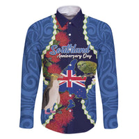 Southland Anniversary Day Family Matching Off Shoulder Short Dress and Hawaiian Shirt Murihiku 1861 Maori Bird Mix Pohutukawa LT14 Dad's Shirt - Long Sleeve Blue - Polynesian Pride