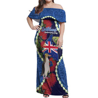 Southland Anniversary Day Off Shoulder Maxi Dress Murihiku 1861 Maori Bird Mix Pohutukawa LT14 Women Blue - Polynesian Pride
