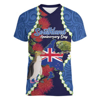 Southland Anniversary Day Women V-Neck T-Shirt Murihiku 1861 Maori Bird Mix Pohutukawa LT14 Female Blue - Polynesian Pride