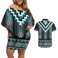 Paua Shell Taniko Pattern Aotearoa Couples Matching Off Shoulder Short Dress and Hawaiian Shirt Niho Taniwha Mix Poutama