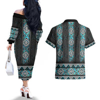 Paua Shell Taniko Pattern Aotearoa Couples Matching Off The Shoulder Long Sleeve Dress and Hawaiian Shirt Niho Taniwha Mix Poutama LT14 - Polynesian Pride