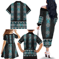 Paua Shell Taniko Pattern Aotearoa Family Matching Off The Shoulder Long Sleeve Dress and Hawaiian Shirt Niho Taniwha Mix Poutama LT14 - Polynesian Pride