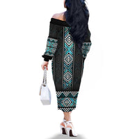 Paua Shell Taniko Pattern Aotearoa Family Matching Off The Shoulder Long Sleeve Dress and Hawaiian Shirt Niho Taniwha Mix Poutama LT14 - Polynesian Pride