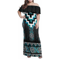 Paua Shell Taniko Pattern Aotearoa Family Matching Off Shoulder Maxi Dress and Hawaiian Shirt Niho Taniwha Mix Poutama LT14 Mom's Dress Turquoise - Polynesian Pride