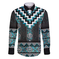 Paua Shell Taniko Pattern Aotearoa Family Matching Summer Maxi Dress and Hawaiian Shirt Niho Taniwha Mix Poutama LT14 Dad's Shirt - Long Sleeve Turquoise - Polynesian Pride