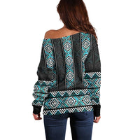Paua Shell Taniko Pattern Aotearoa Off Shoulder Sweater Niho Taniwha Mix Poutama