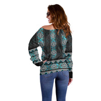 Paua Shell Taniko Pattern Aotearoa Off Shoulder Sweater Niho Taniwha Mix Poutama