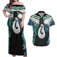 Aotearoa Korowai Motif Couples Matching Off Shoulder Maxi Dress and Hawaiian Shirt Hei Matau Poutama Maori Pattern LT14 Turquoise - Polynesian Pride