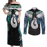 Aotearoa Korowai Motif Couples Matching Off Shoulder Maxi Dress and Long Sleeve Button Shirt Hei Matau Poutama Maori Pattern LT14 Turquoise - Polynesian Pride