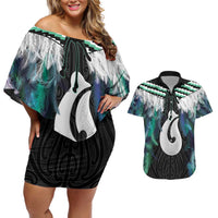 Aotearoa Korowai Motif Couples Matching Off Shoulder Short Dress and Hawaiian Shirt Hei Matau Poutama Maori Pattern LT14 Turquoise - Polynesian Pride