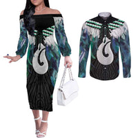 Aotearoa Korowai Motif Couples Matching Off The Shoulder Long Sleeve Dress and Long Sleeve Button Shirt Hei Matau Poutama Maori Pattern LT14 Turquoise - Polynesian Pride