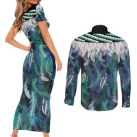 Aotearoa Korowai Motif Couples Matching Short Sleeve Bodycon Dress and Long Sleeve Button Shirt Hei Matau Poutama Maori Pattern LT14 - Polynesian Pride