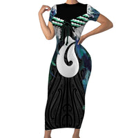 Aotearoa Korowai Motif Family Matching Short Sleeve Bodycon Dress and Hawaiian Shirt Hei Matau Poutama Maori Pattern LT14 Mom's Dress Turquoise - Polynesian Pride