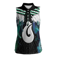 Aotearoa Korowai Motif Women Sleeveless Polo Shirt Hei Matau Poutama Maori Pattern LT14 Female Turquoise - Polynesian Pride
