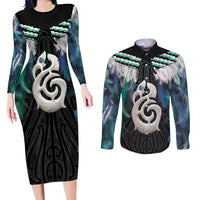 Aotearoa Korowai Motif Couples Matching Long Sleeve Bodycon Dress and Long Sleeve Button Shirt Hei Manaia Poutama Maori Pattern LT14 Turquoise - Polynesian Pride