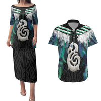 Aotearoa Korowai Motif Couples Matching Puletasi and Hawaiian Shirt Hei Manaia Poutama Maori Pattern LT14 Turquoise - Polynesian Pride