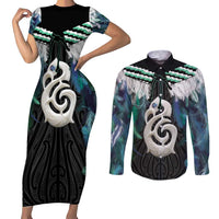 Aotearoa Korowai Motif Couples Matching Short Sleeve Bodycon Dress and Long Sleeve Button Shirt Hei Manaia Poutama Maori Pattern LT14 Turquoise - Polynesian Pride
