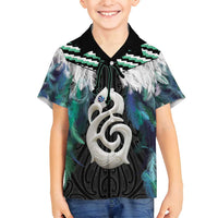 Aotearoa Korowai Motif Family Matching Long Sleeve Bodycon Dress and Hawaiian Shirt Hei Manaia Poutama Maori Pattern LT14 Son's Shirt Turquoise - Polynesian Pride
