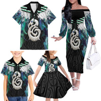 Aotearoa Korowai Motif Family Matching Off The Shoulder Long Sleeve Dress and Hawaiian Shirt Hei Manaia Poutama Maori Pattern LT14 - Polynesian Pride