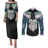 Aotearoa Korowai Motif Couples Matching Puletasi and Long Sleeve Button Shirt Maori Wheku Poutama LT14 Turquoise - Polynesian Pride
