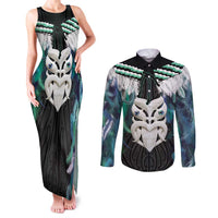 Aotearoa Korowai Motif Couples Matching Tank Maxi Dress and Long Sleeve Button Shirt Maori Wheku Poutama LT14 Turquoise - Polynesian Pride