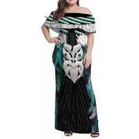 Aotearoa Korowai Motif Family Matching Off Shoulder Maxi Dress and Hawaiian Shirt Maori Wheku Poutama LT14 Mom's Dress Turquoise - Polynesian Pride