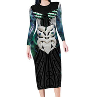 Aotearoa Korowai Motif Long Sleeve Bodycon Dress Maori Wheku Poutama LT14 Long Dress Turquoise - Polynesian Pride