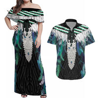 Aotearoa Korowai Motif Couples Matching Off Shoulder Maxi Dress and Hawaiian Shirt Maori Tane Poutama LT14 Turquoise - Polynesian Pride