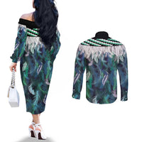 Aotearoa Korowai Motif Couples Matching Off The Shoulder Long Sleeve Dress and Long Sleeve Button Shirt Maori Tane Poutama LT14 - Polynesian Pride