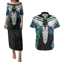 Aotearoa Korowai Motif Couples Matching Puletasi and Hawaiian Shirt Maori Tane Poutama LT14 Turquoise - Polynesian Pride