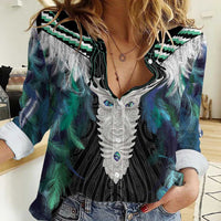 Aotearoa Korowai Motif Women Casual Shirt Maori Tane Poutama LT14 Female Turquoise - Polynesian Pride