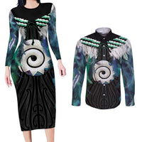 Aotearoa Korowai Motif Couples Matching Long Sleeve Bodycon Dress and Long Sleeve Button Shirt Maori Koru Poutama LT14 Turquoise - Polynesian Pride