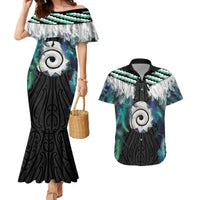 Aotearoa Korowai Motif Couples Matching Mermaid Dress and Hawaiian Shirt Maori Koru Poutama LT14 Turquoise - Polynesian Pride