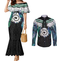 Aotearoa Korowai Motif Couples Matching Mermaid Dress and Long Sleeve Button Shirt Maori Koru Poutama LT14 Turquoise - Polynesian Pride