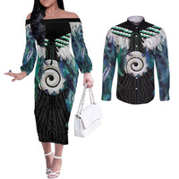Aotearoa Korowai Motif Couples Matching Off The Shoulder Long Sleeve Dress and Long Sleeve Button Shirt Maori Koru Poutama LT14 Turquoise - Polynesian Pride