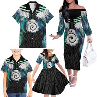 Aotearoa Korowai Motif Family Matching Off The Shoulder Long Sleeve Dress and Hawaiian Shirt Maori Koru Poutama LT14 - Polynesian Pride