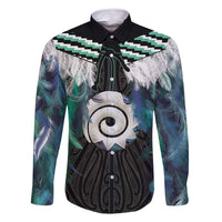 Aotearoa Korowai Motif Family Matching Off Shoulder Maxi Dress and Hawaiian Shirt Maori Koru Poutama LT14 Dad's Shirt - Long Sleeve Turquoise - Polynesian Pride