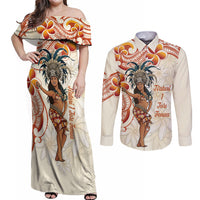 Heiva i Tahiti Couples Matching Off Shoulder Maxi Dress and Long Sleeve Button Shirt Ori Tahitian Dance Tiare Maori LT14 Beige - Polynesian Pride
