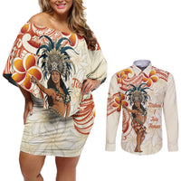 Heiva i Tahiti Couples Matching Off Shoulder Short Dress and Long Sleeve Button Shirt Ori Tahitian Dance Tiare Maori LT14 Beige - Polynesian Pride
