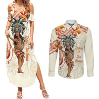 Heiva i Tahiti Couples Matching Summer Maxi Dress and Long Sleeve Button Shirt Ori Tahitian Dance Tiare Maori LT14 Beige - Polynesian Pride