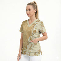 Heiva i Tahiti Scrub Top Tahitian Tiare Maori Cowrie Lei Brown