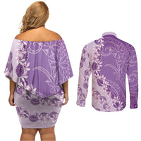 Heiva i Tahiti Couples Matching Off Shoulder Short Dress and Long Sleeve Button Shirt Tahitian Tiare Maori Cowrie Lei Purple LT14 - Polynesian Pride