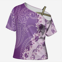 Heiva i Tahiti Cross Shoulder Shirt Tahitian Tiare Maori Cowrie Lei Purple LT14 Female Purple - Polynesian Pride