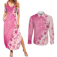 Heiva i Tahiti Couples Matching Summer Maxi Dress and Long Sleeve Button Shirt Tahitian Tiare Maori Cowrie Lei Pink LT14 Pink - Polynesian Pride