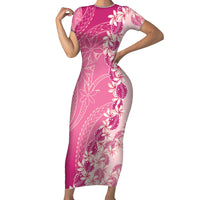 Heiva i Tahiti Short Sleeve Bodycon Dress Tahitian Tiare Maori Cowrie Lei Pink LT14 Long Dress Pink - Polynesian Pride